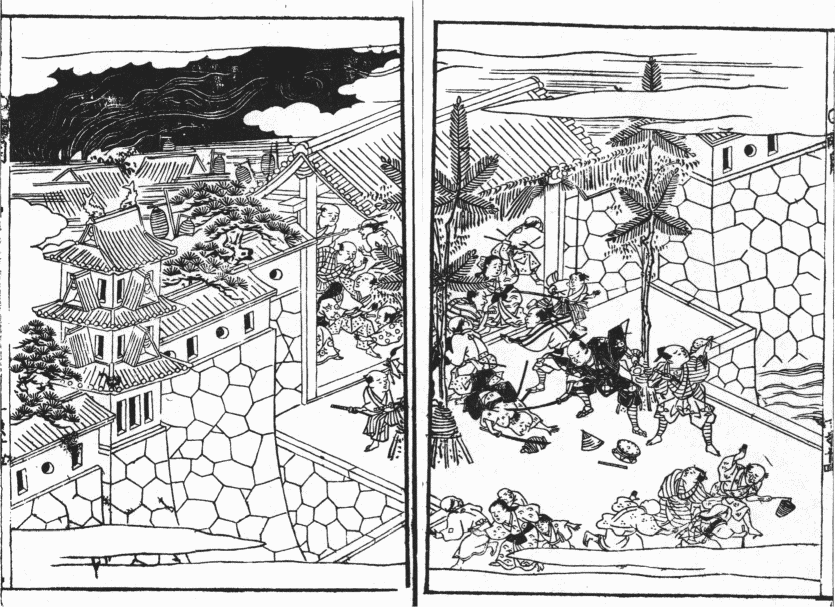 「文明十八年(一四八六)一月一日の早暁、尼子経久と山中党が富田城を襲撃した図」のキャプション付きの図