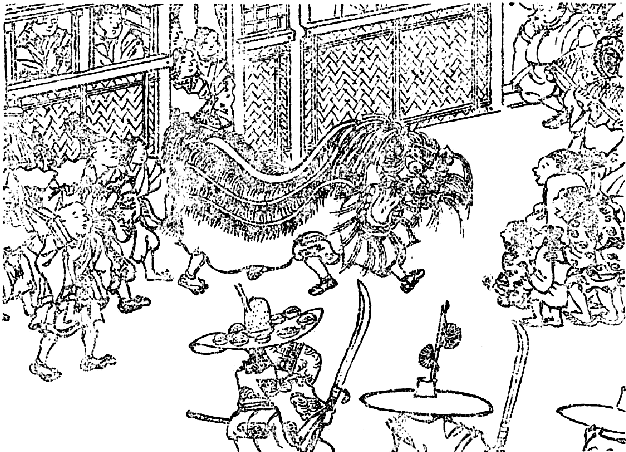 「平安朝の獅子舞(年中行事絵巻)」のキャプション付きの図