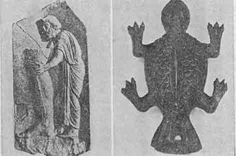 「Fig 30 Varicose Leg from the Asclepius temple (left) & Wax Toad Representing Uterus (right). 図30 静脈瘤の脚(アスクレピオス神殿)(左)、子宮を表現する蝋のヒキガエル(右)」のキャプション付きの図