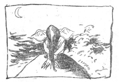 三日月のみえる荒狂ふ海を背景にした岩の上に、長い髮で顏をかくしてうなだれてゐながら、巨大な耳をひろげてゐる人の繪